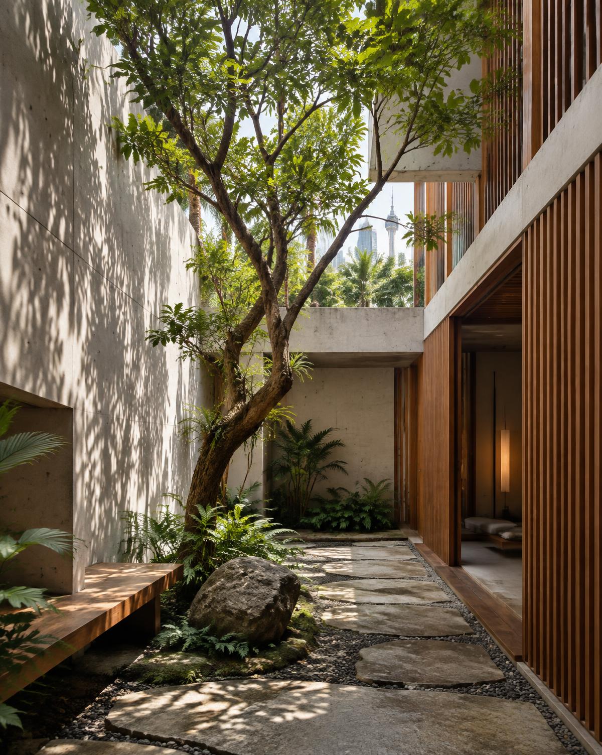 Light-filled courtyard with stone and mature greenery